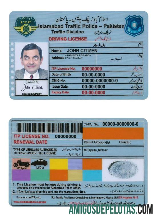 Carteira de motorista do Paquistão em Islamabad exemplo